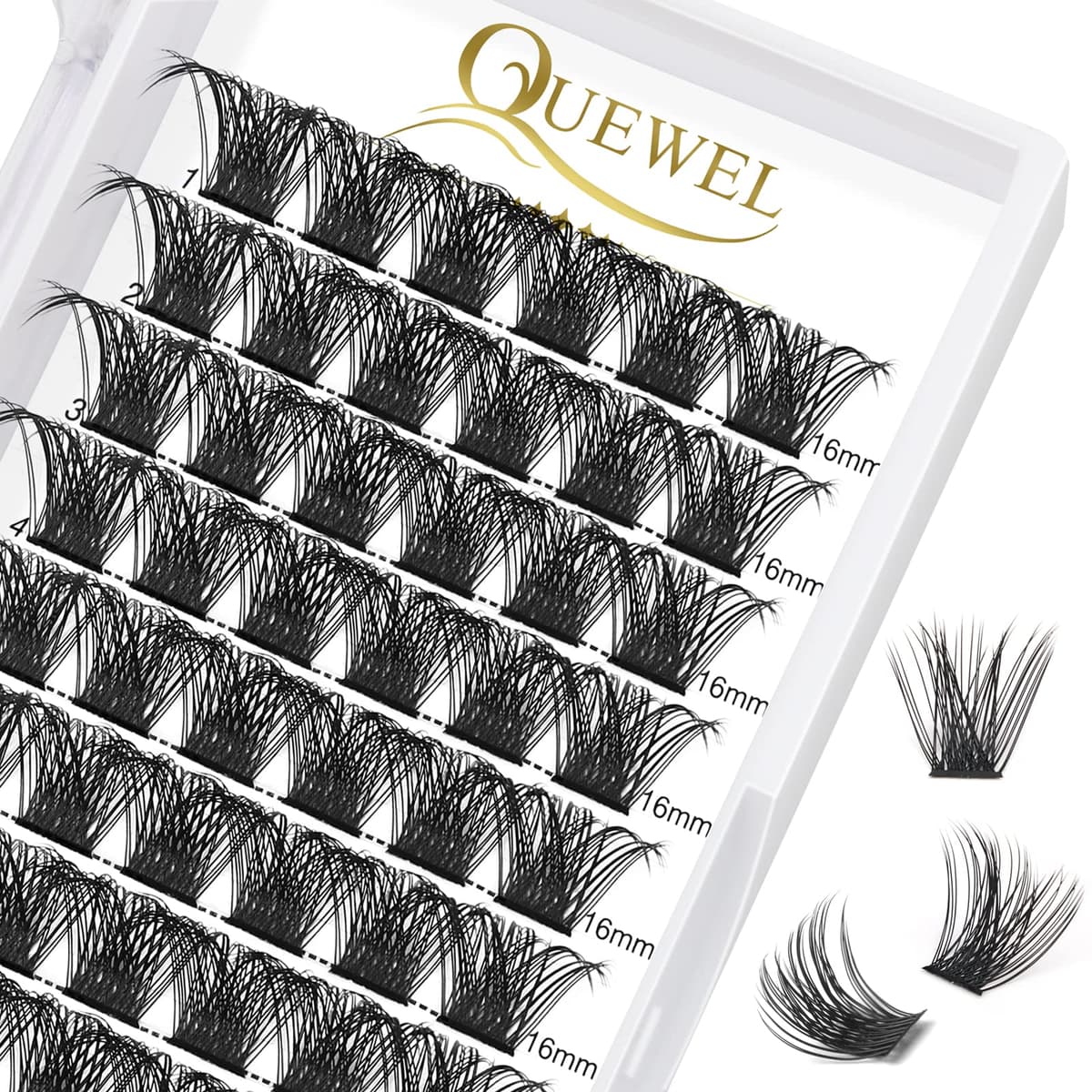 QUEWEL Cluster Lashes 72 Pcs Individual Lashes Wide Stem C/D Curl 8-16mm Length DIY Eyelash Extension False Lashes Individual Natural&Mega Styles Soft for Personal Makeup Use at Home (Mega-D-16)