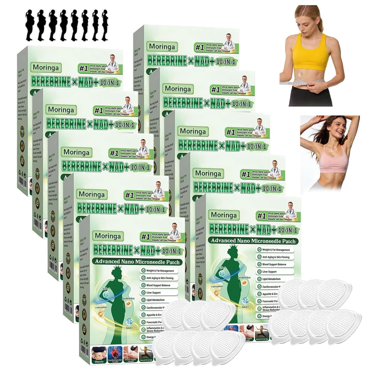 7 parches / 1 caja Moringa x Berberine Parche Avanzado de Nano Microagujas 10 en 1, Ingredientes Naturales, Fácil de Aplicar, para Hombres y Mujeres (7)