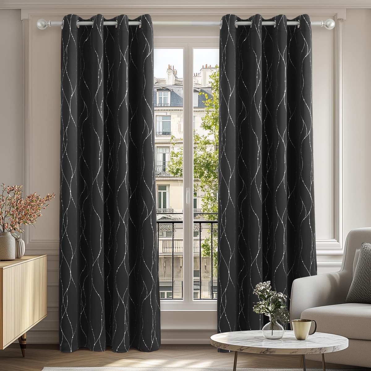 Deconovo Bedroom Curtains Dotted Line Foil Printed Thermal Insulated Window Treatment Eyelet Blackout Curtains for Livingroom 46 x 54 Inch Black Two Panels