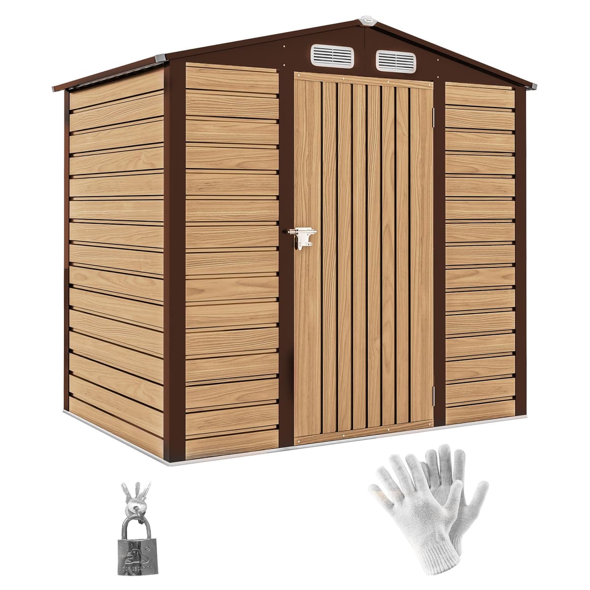 Outsunny Caseta de Jardín Exterior, 2,27 m² 190x131x188 cm, Cobertizo de Jardín Exterior Metálico con 2 Ventilaciones, Puerta con Cerradura, para Almacenamiento de Herramientas, Roble