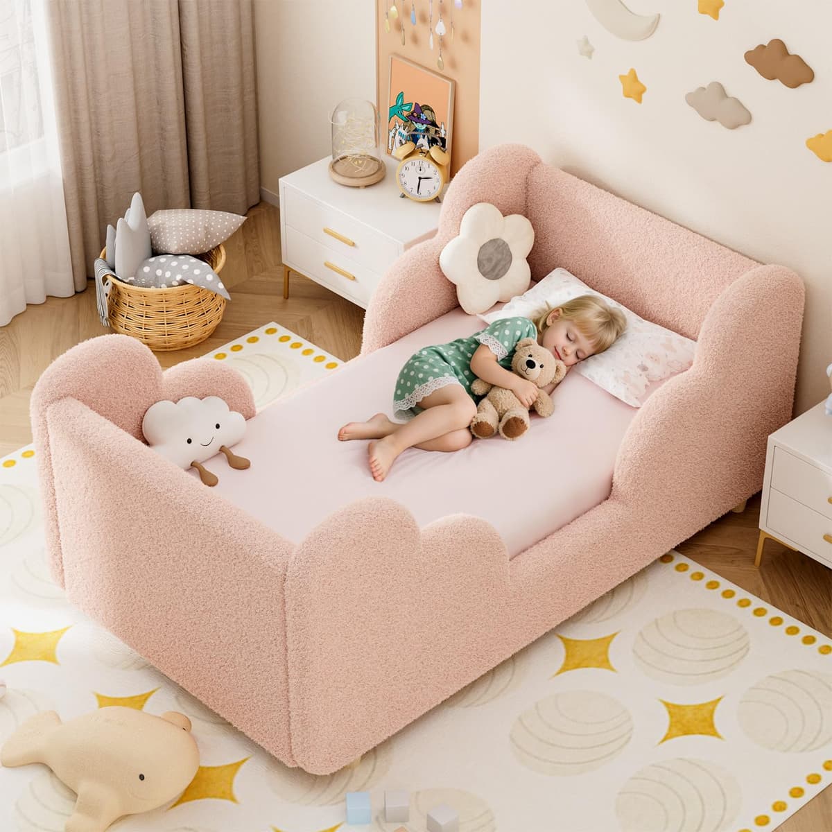 Toddler Bed, 140x70cm Soft Padded Kids Bed with Cloud-Shaped Safety Guardrails, Low Bed Frame for Girls Boys Children, Cot to Bed Transition (Mattress NOT Included)