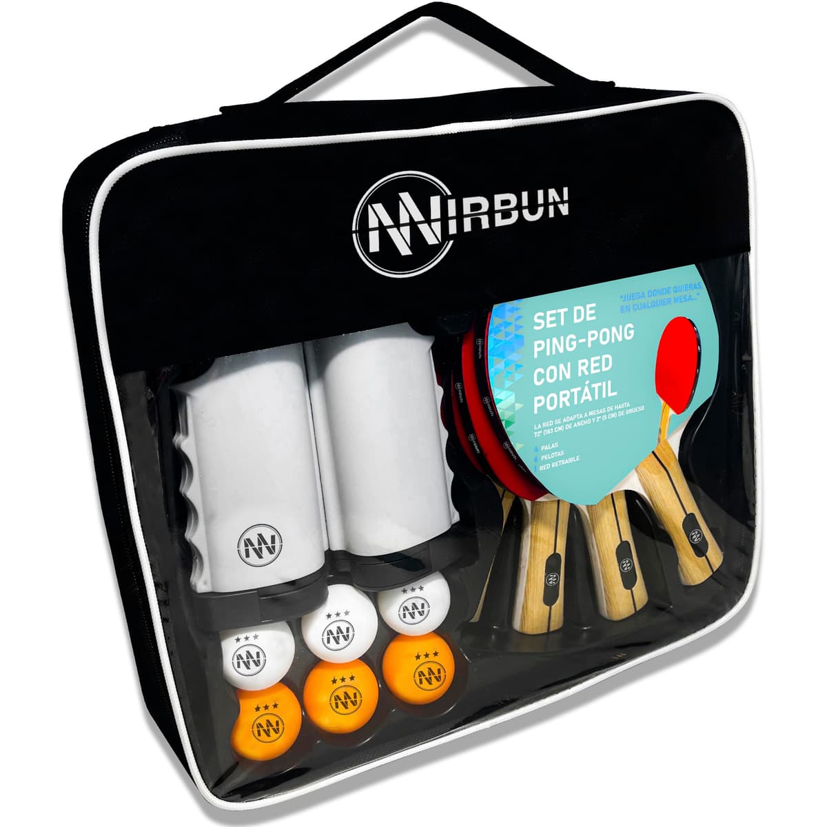 NIRBUN Set Ping Pong Con Red Extensible - Palas Profesionales - Pelotas 3 Estrellas - Red Ajustable Para Mesa - Set Portátil