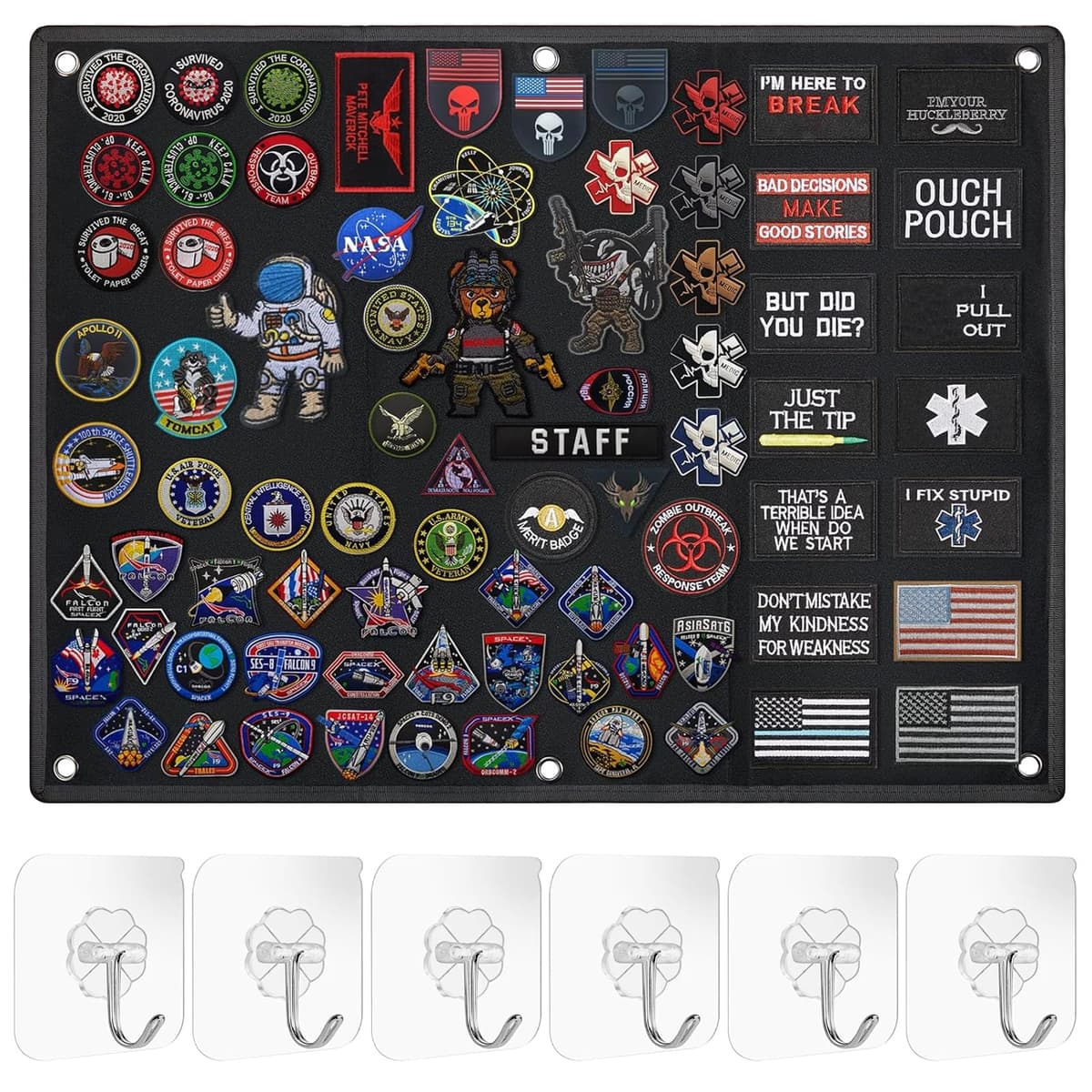 Hshenjhu Panel Táctico para Parches, Tablero de Exhibición de Parches Tácticos, Panel para Parche Militares, Tablero de Parche de Militar Táctico Plegable, con 6 Ganchos, 60 X 45 CM, Negro
