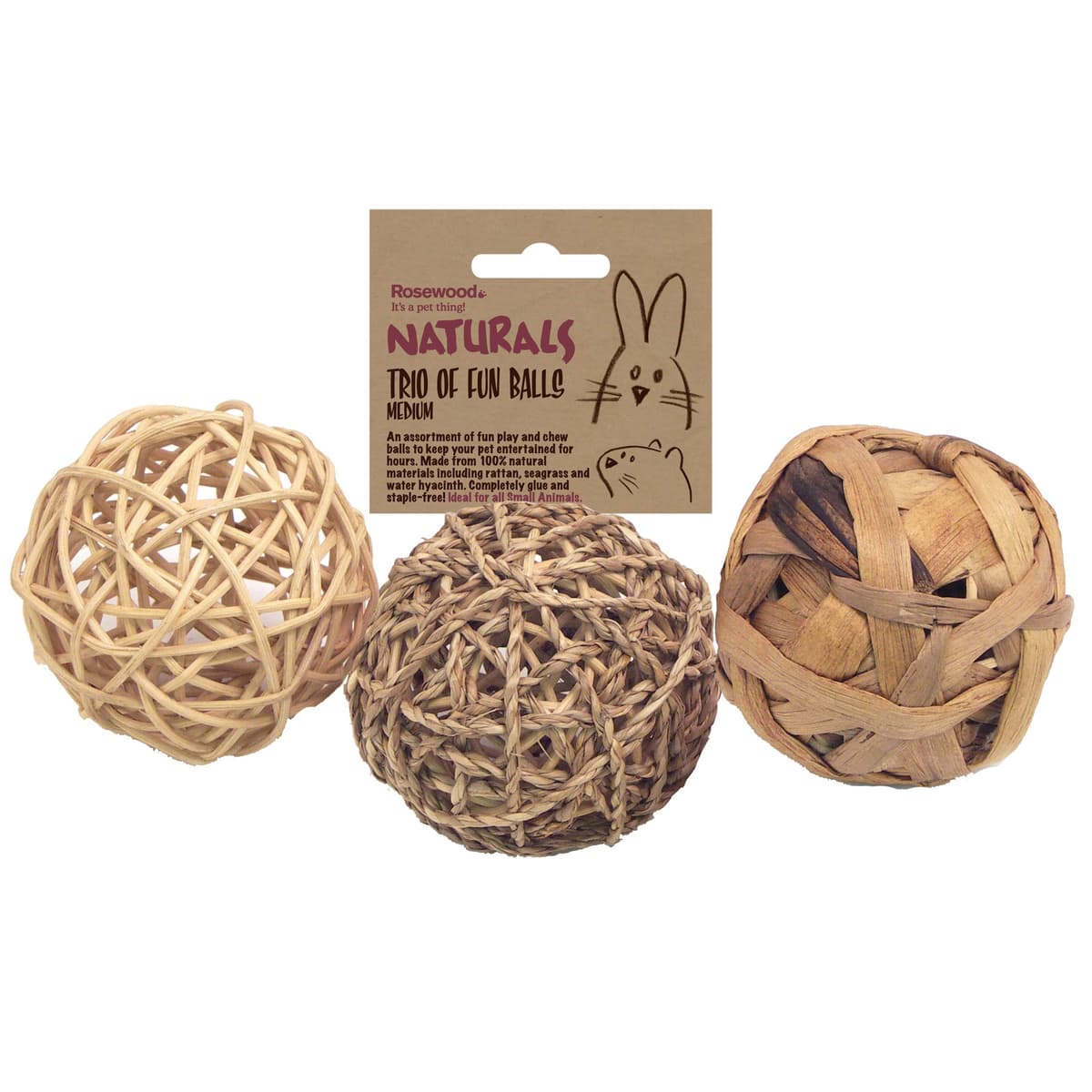 Rosewood Naturals Trio of Fun Balls, Small Animal Activity Toys, Natural Materials Hand Woven for Small Animals (1 x Pack of 3 Balls)