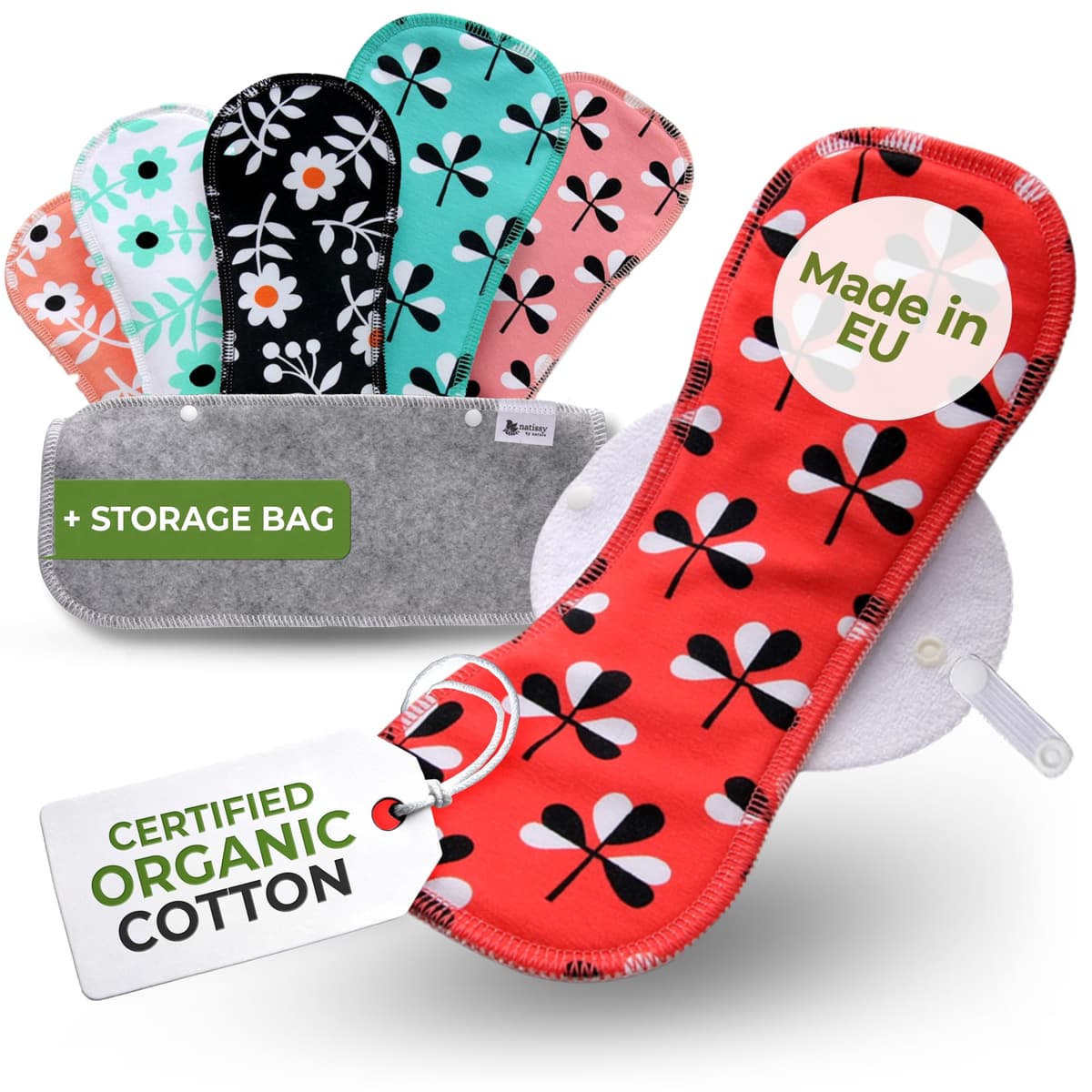 Compresas reutilizables en algodón orgánico para flujo abundante e incontinencia (L+XL, 6 uds.); lavables a alta T°, HECHAS EN LA UE; suaves, no irritantes y cómodas, compresas de tela para mujeres