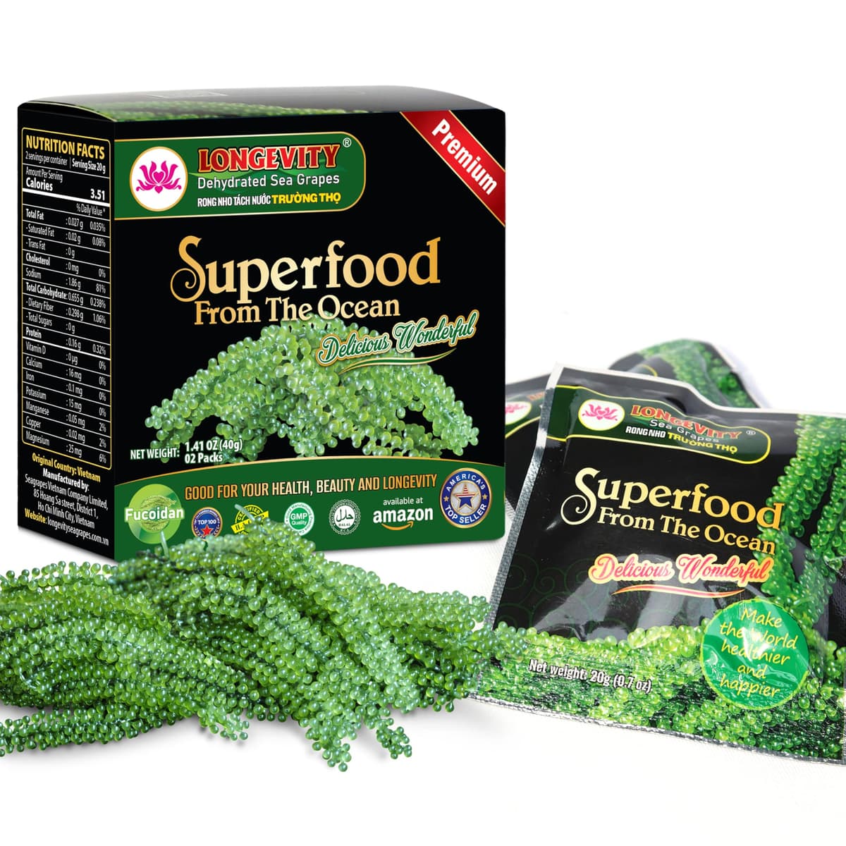 Longevity Uvas de mar - Umibudo verde Caviar - Deshidratado, peso, Intensificación del sistema inmunológico, valorado don natural De Mar (original), 1.4 onzas (paquete de 2)