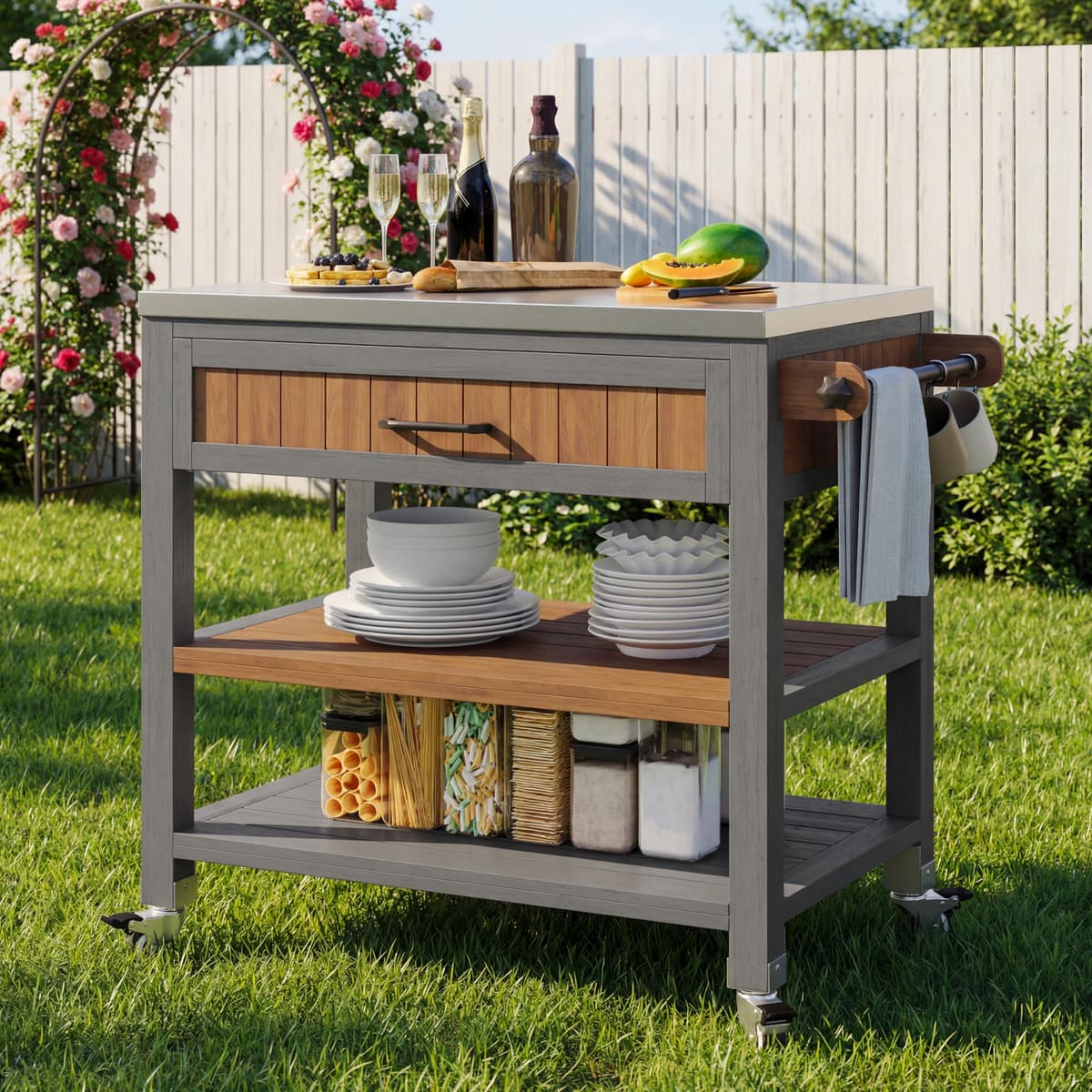 Merax Outdoor Kitchen Unit, Rustic, 80x51x91.5cm, Natural F, Solid Wood, with Wheels, Stainless Steel Worktop, Drawer, Double Shelf, Towel Rack