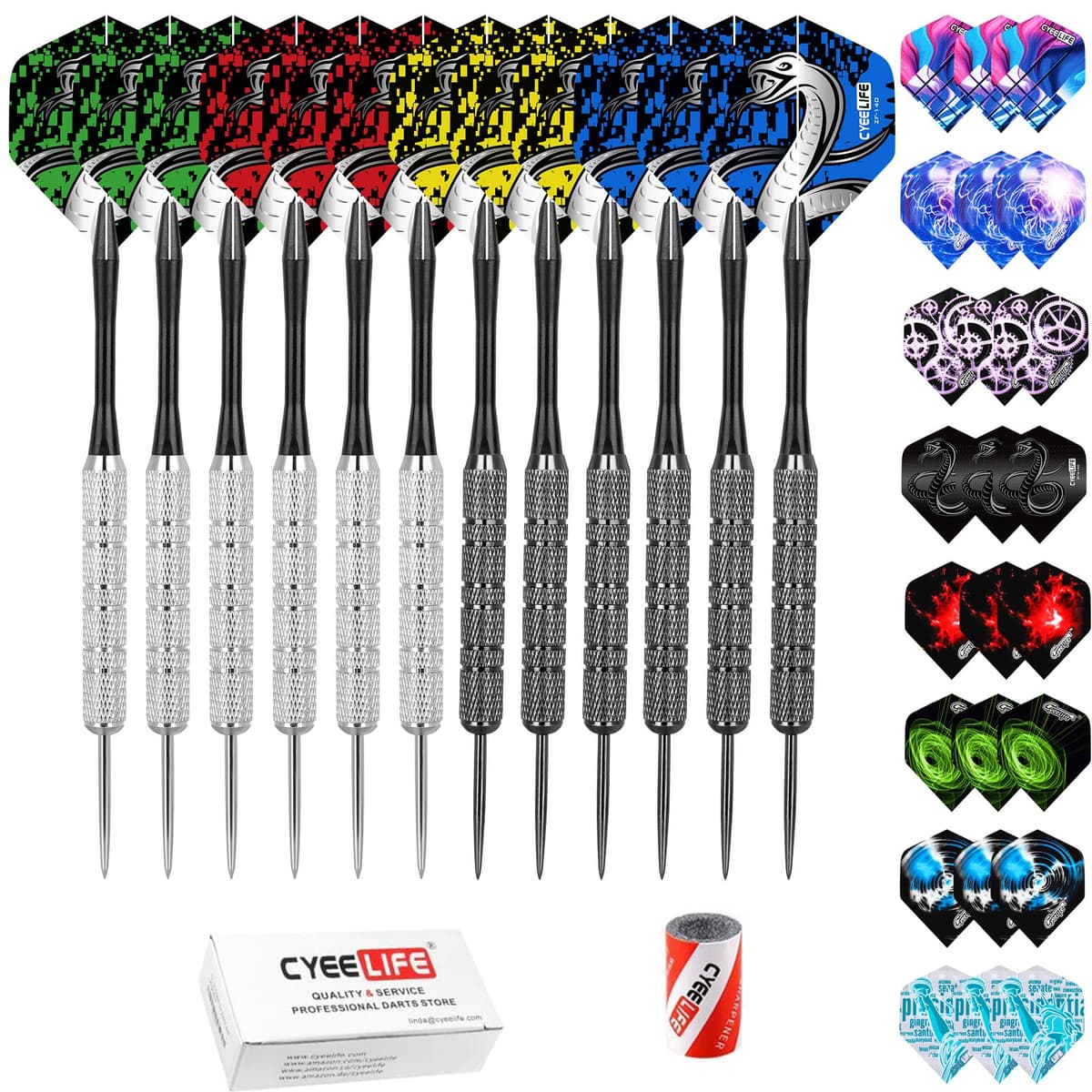 CyeeLife Dardos de Punta de Acero 20g+12 Ejes de plástico+36 Plumas con+Sacapuntas