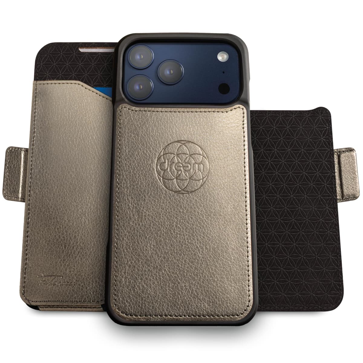 dreem Wallet Case for iPhone 17 Pro Max, Revolutionary Vert/Hor Phone Stand, Magnetic Detachable Vegan Leather Flip Cover RFID Blocking Card Holder, MagSafe-Fit, Gift Box [Fibonacci: Metal]