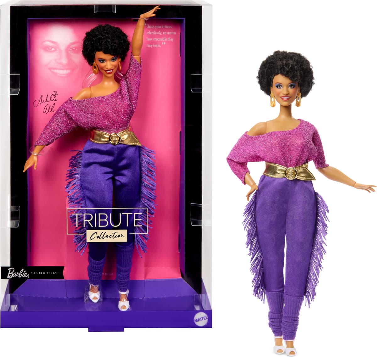 Barbie Signature Tribute Colección Debbie Allen Muñeca articulada con Parte Superior sin Hombros, cinturón Dorado y Pantalones de Flecos morados con Calentadores, JBJ24