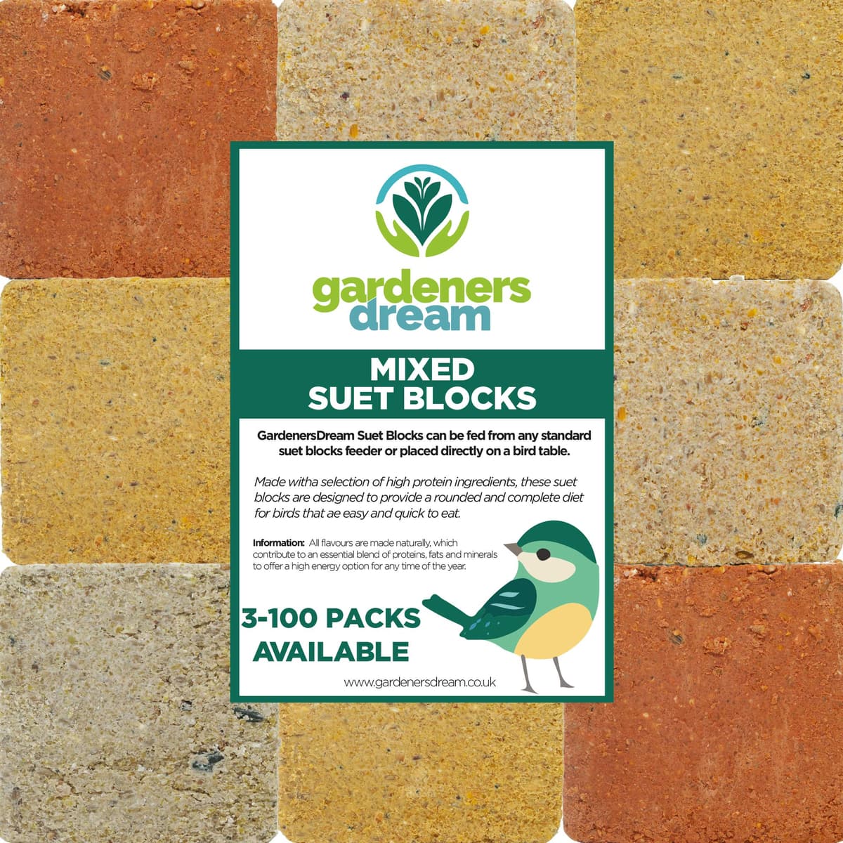 GardenersDream Suet Fat Blocks | Premium Garden Wild Bird Food | Enhanced Formula | Naturally Blended, High in Energy & Protein-Rich Feed | Full of Nutritious Fibre & Moisture (Mixed, 3)