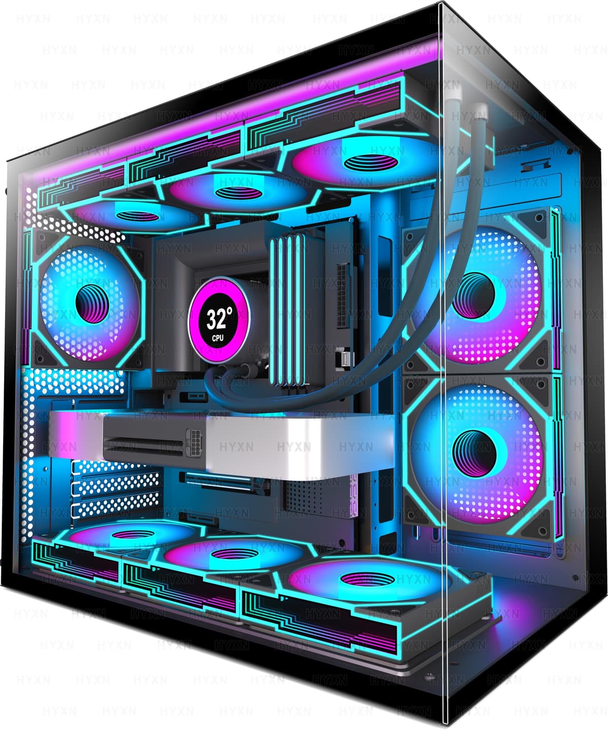 H3 ATX PC Case - Pre-Installed with 6 Infinity Mirror PWM ARGB Fans - Compact Dual Cavity Mid-Tower Gaming PC Case,360mm Radiator Support - with Type-C 3.2 (Black)