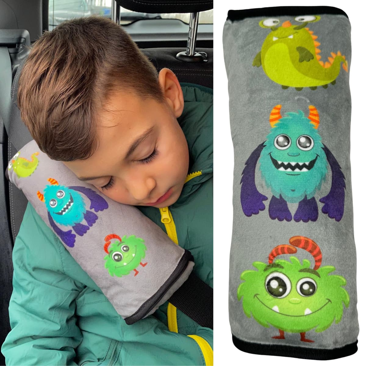 HECKBO Almohadilla para coche con dibujos de monstruos para niños - lavable a máquina suave, tacto de peluche, almohadilla cinturón de seguridad