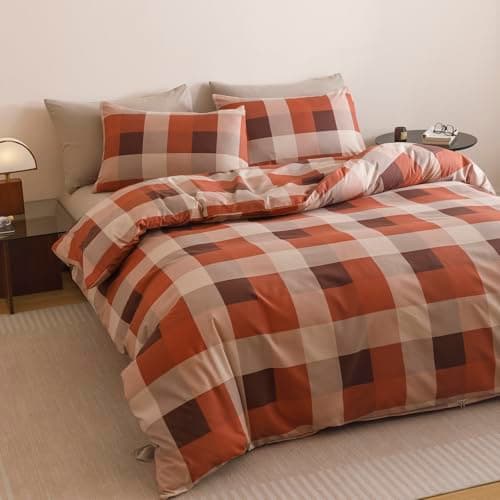 Wellboo Red Plaid Comforter Sets King Size Taupe and Orange Grid Bedding