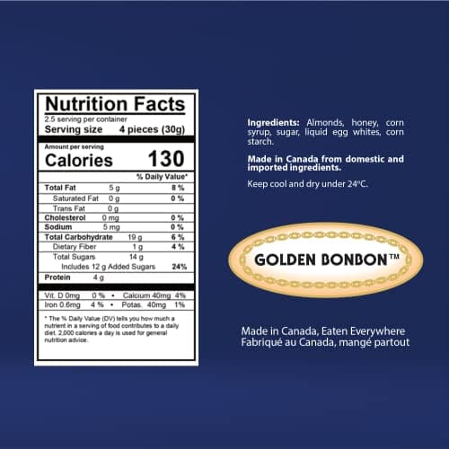 Golden Bonbon Italian Soft Almond Nougat Candy, Individually Packed Chewy, Gluten Free Nougat, Full of Almonds, Halal Candy (2.5 Oz, Almond)