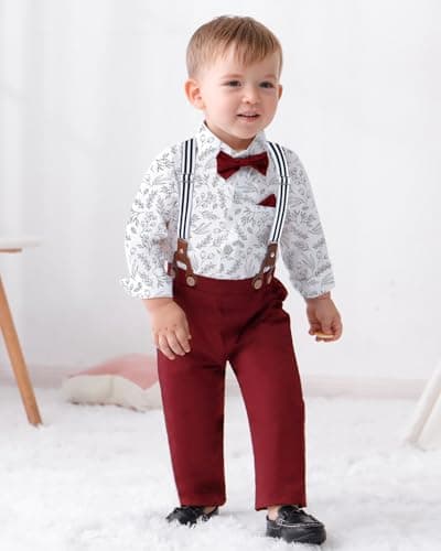 SOLOYEE Toddler Baby Boy Clothes Suit 18-24 Months Boys Wedding Formal Outfit, Dress Shirt+Bowtie+Suspender Pants Gentleman Outfits (Red, 18-24 Months)