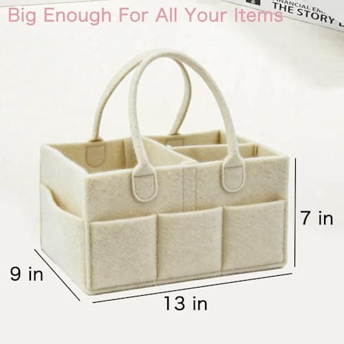 Diaper Caddy Organizer, Nursery Storage Bin Basket with Handle, Felt Diaper Organizer Suitable for Indoor Outdoor, White