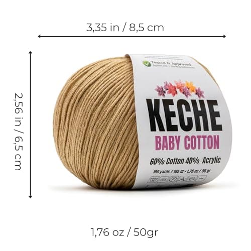 Keche Baby Cotton, 60% Cotton 40% Acrylic Yarn, Soft Cotton Yarn for Crochet and Knitting, Amigurumi Yarn 1 Skein/Ball 1.76 Oz (50g) / 180 Yrds (165m) - Cappuccino
