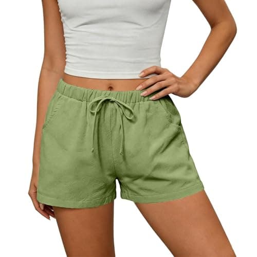 Summer Shorts for Women 2026 Trendy Elastic High Waisted Casual Linen Shorts with Pockets Lightweight Cute Beach Vacation Outfits Loose Comfy Lounge Drawstring Short Pants