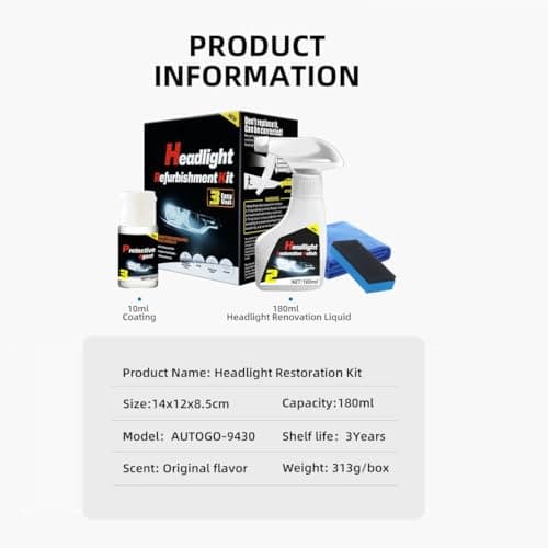 Automotive Headlamp Restoration Fluid Oxidized, Headlight Restoration Kits, Car Light Polisher Cleaning, Only for Headlight Cleaner Polishing.(10ML Coating+180ML Headlight Renovation Liquid)