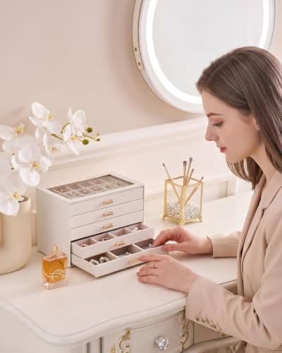 Lolalet Earring Organizer, Jewelry Box with Clear Lid -Beige, 5 Layer