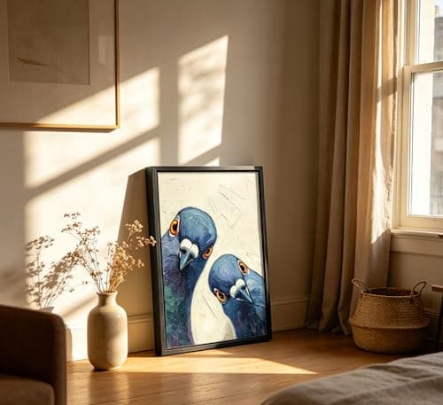 Framed Whimsical Pigeon Wall Art, Blue Birds Oil Painting Canvas Prints, Funny Bird Portrait Wall Decor, Modern Animal Poster Artwork, for Living Room Bedroom Bathroom Decoration, 8x10in