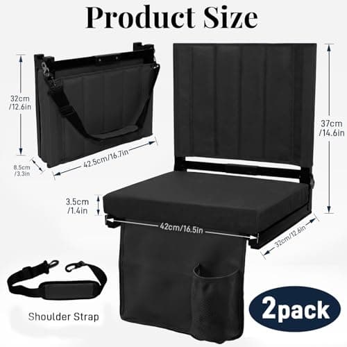 NBYTLT 2 Pack Stadium Seats for Bleachers with Back Support, Folding Bleacher Chairs with Wide Padded Cushion, Backrest and Shoulder Strap, Portable Bleacher Cushion for Sports Outdoor Event, Black