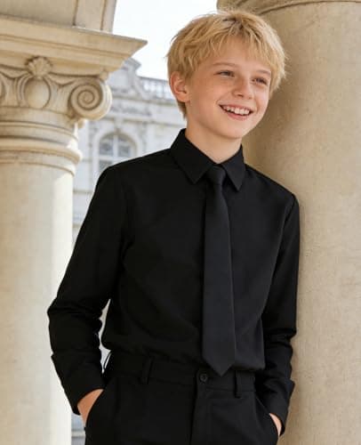 Kinberr Boys Girls Black Long Sleeve Dress Shirt Formal Button Down Uniform Shirt for Casual Wear