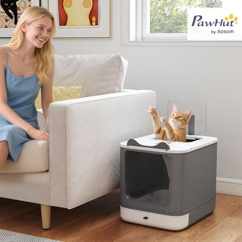 PawHut Cat Litter Box with Lid, Enclosed Kitty Litter Box with Front-Entry and Top-Exit, Scoop, Deodorizer Bag, Non-Sticky and Easy to Clean, for Medium Cats, White