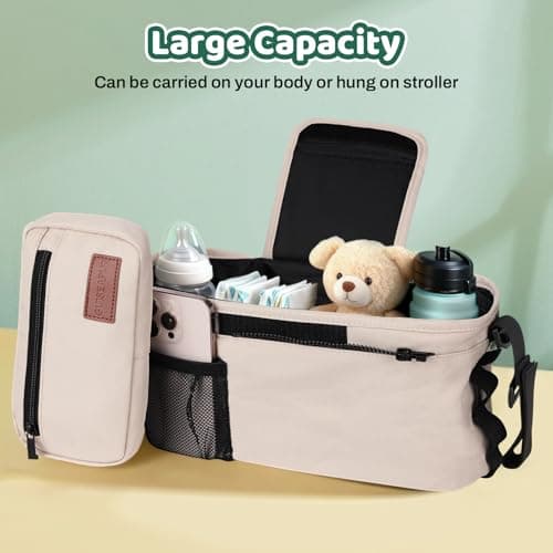 Guiseapue Universal Stroller Organizer with Cup Holder: Baby Essentials, Stroller Caddy with Shoulder Strap, Detachable Phone Bag, Stroller Accessories, New Moms Baby Gifts