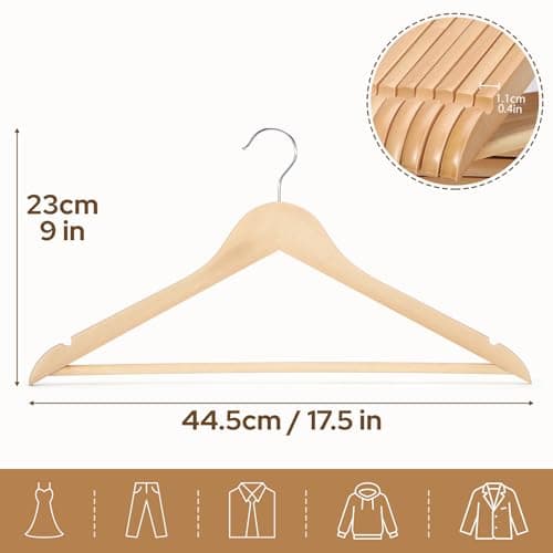 Ceecysaa Wooden Coat Hangers 30 Pack,Natural Solid Wood Hangers with Non Slip Pants Bar,360°Swivel Hook Clothes Hangers for Shirts,Jackets,Dress,Coats,Suits
