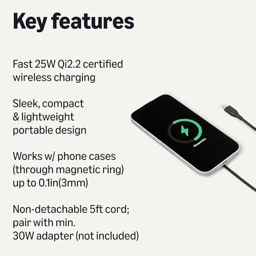Amazon Basics 25W Qi2.2 Certified Wireless Charging Pad, MagSafe Compatible for iPhone 17/16/15/14/13/12, Magnetic Compatible for Android, Google Smartphones, Black (Adapter Not Included)