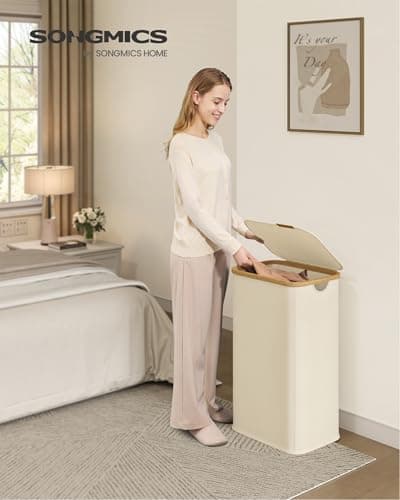 SONGMICS Laundry Hamper, Laundry Basket with Lid, Foldable Storage Basket, Bamboo Frame, for Bedroom, Living Room, Oxford Fabric, 26.4 Gal. (100 L), Cream White ULCB518WD01