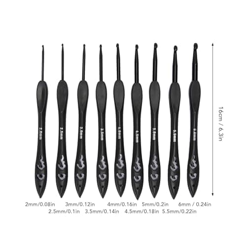 WQAPVHBG 9Pcs Crochet Hooks Set, 2.0-6.0mm Ergonomic Crochet Hook Set, Multipurpose Crochet Knitting Hooks with Hollow Design for Making Blankets, Hats, Scarves, 6.3in, Black
