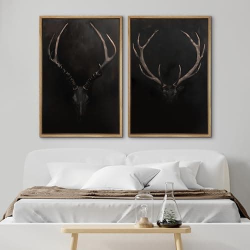 SIGNWIN Framed Canvas Print Wall Art Rustic Antler Skull Dark Dramatic Black Vintage-Inspired Deer and Elk Antlers Illustrations Decorative for Living Room, Bedroom, Office - 24"x36"x2 Natural