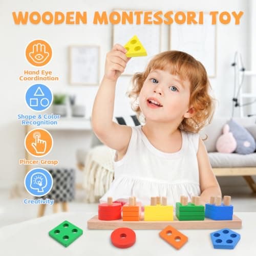 YHHYTOY Montessori Toys for 1 2 3 Year Old - Wooden Baby Stacking Toys Sensory Educational Shape Sorter Color Sorting Toy for Toddlers 1-3, Preschool Learning Birthday Gifts for Baby Girls Boys Kids