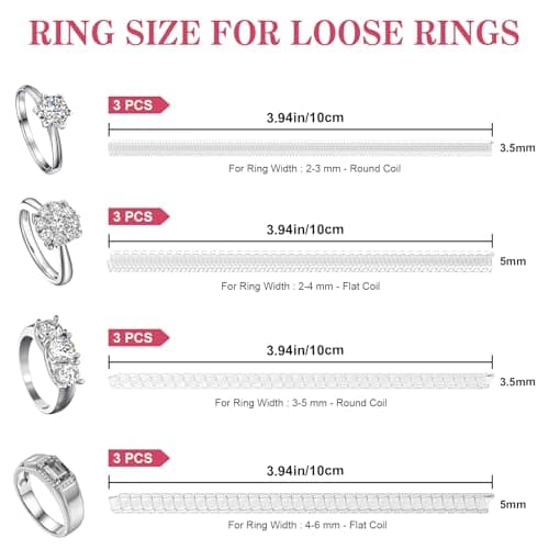 Ring Sizer for Loose Rings, 12 Pack 4 Sizes, Invisible Clear Silicone, Non-Slip Adjustable Ring Sizers, Ring Resizer and Tightener Guards, for Women and Men, Make Rings Smaller Without Resizing