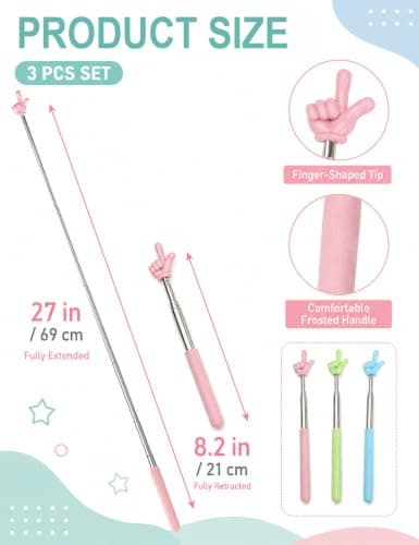 3 Pcs Pointer Finger Stick for Classroom, Extendable Teacher Pointer, Colorful Hand Shaped Teaching Wand for Whiteboards, Presentations and Reading Activities