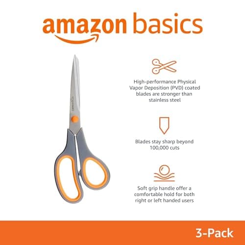 Amazon Basics Multipurpose Stainless Steel Scissors for Office, Crafts, Right/Left Handed, Comfort Grip, PVD Coated, 3-Pack, Multicolor