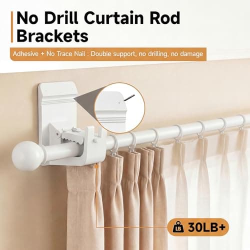 Universal Heavy Duty Curtain Rod Brackets, No Drill Curtain Rod Brackets with Adhesive & Invisible Nail, 30+LB Load Curtain Rod Holders, Damage Free Curtain Rod Hooks for Wall, Bathroom, Kitchen 2PC