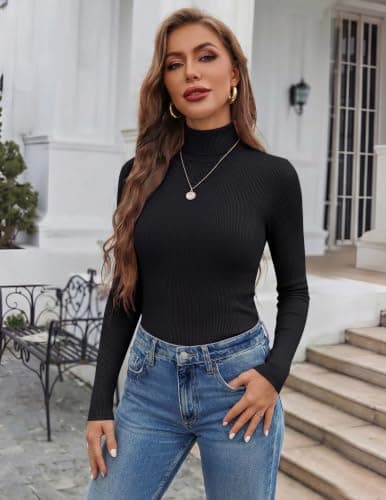 Ekouaer Women's Turtleneck Shirts Ribbed Long Sleeves Tees Thermal Layering Tops Basic Blouse Fall T-Shirts Black XXL