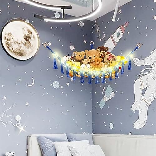 CERETIA Stuffed Animal Hammock with LED Light, Toy Hammock for Stuffed Animals Storage for Kids Room Decor, Stuffed Animal Hammock Corner, Royal Blue