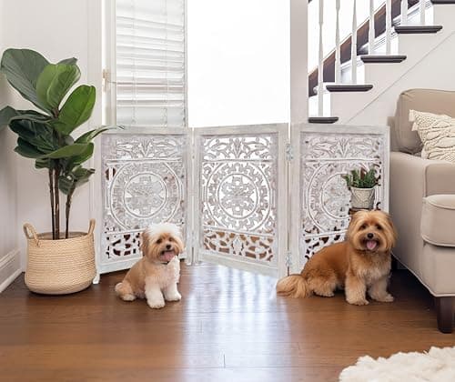 Croft&Cane Wooden Foldable Pet Dog Safety Gate - 3 Panel 20 W x 24 H - Hand Carved Suzani Free Standing Portable Indoor Puppy Gate - Doorway Hall Stairs Dog Fence - Assembled - White Wash