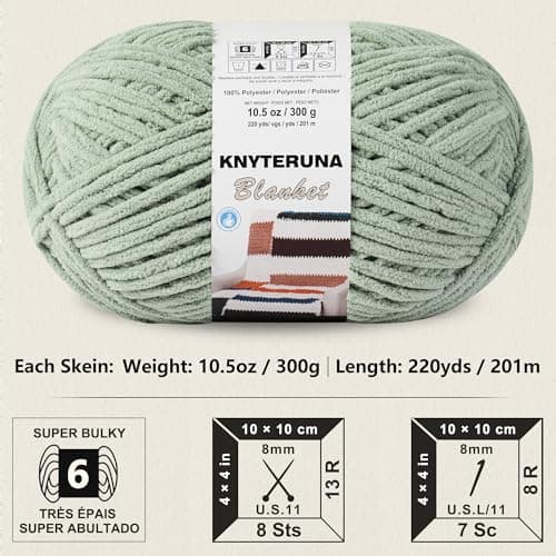Knyteruna #6 Super Bulky Blanket Yarn for Crocheting - 4 Skeins(Each 10.5oz/300g, 220yds/201m), Chunky Chenille Thick Plush Big Soft Yarn for Crocheting Knitting Blankets, Sage Green