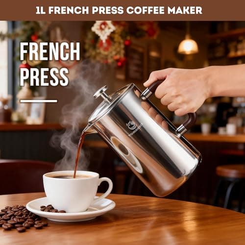 TOMAKEIT 1L/34 Oz French Press Coffee Maker,304 Stainless Steel Coffee Press,Durable & Easy Clean,Leak-Proof Design,Prensa Francesa Para Cafe for Home,Office,Camping (Silver-Upgrade)
