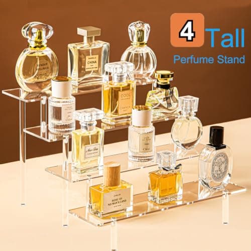 HENABLE 4 Tier Tall Clear Acrylic Display Risers, Large Perfume Organizer Stand for Perfume, Cologne, Skincare, Cosmetics, Funko POP Figures, Cupcake & Party Dessert Display