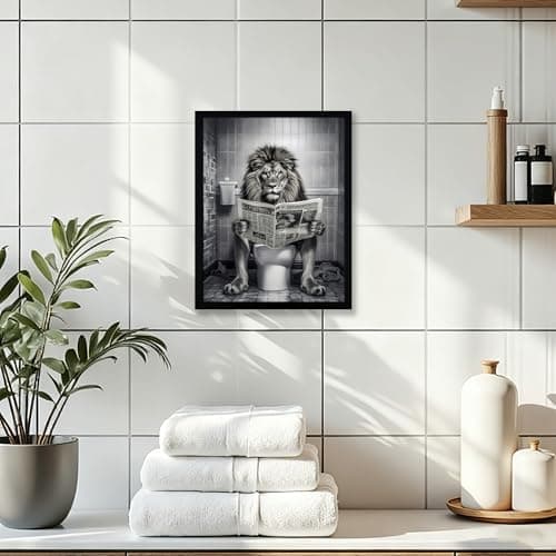 WRFON Framed Lion Bathroom Wall Art, Funny Lion Reading Newspaper on Toilet Bathroom Artwork, Black and White Animal Canvas Wall Painting, Modern Farmhouse Decoration for Home Decor, 8" W x 10" L