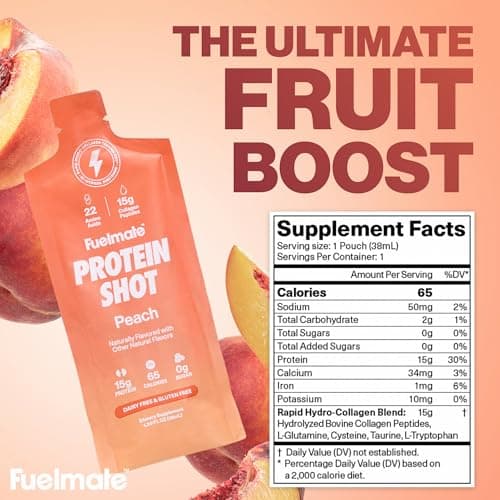 FUELMATE Strawberry Banana Liquid Collagen Easy Protein Shots - 15g Protein + 22 Amino Acids - Hydrolyzed Bovine Collagen Peptides for Skin, Hair & Joints - 10 x 1.29oz - Sugar, Dairy & Gluten Free