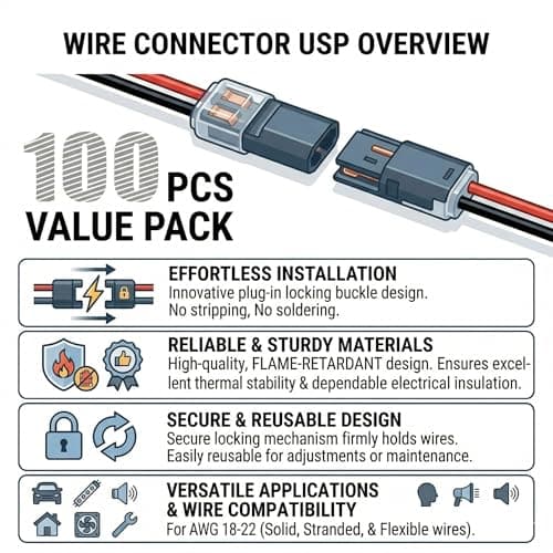 Wire Connectors Quick Connect 2 Pin Low Voltage Double Wire Plug in Connector with Locking Buckle, Solderless No-Stripping Design for LED Strip Lights, Automotive and Home DIY (100 PCS)