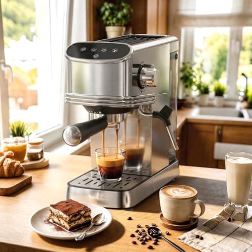 Kndko 20 Bar Espresso Machine, Espresso Maker with Milk Frother Steam Wand, Removable 45oz Water Tank, Compact Latte & Cappuccino Maker for Home & Office, Stainless Steel Color